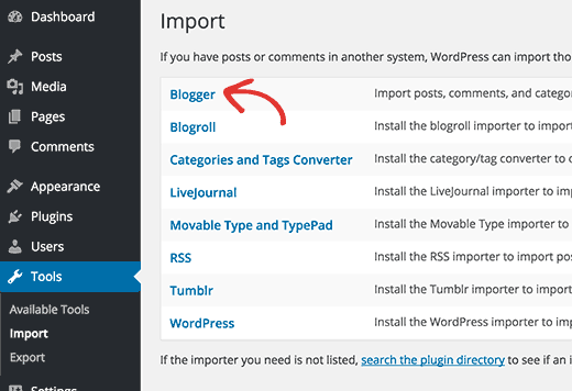 Importador do Blogger sob as ferramentas de importação do WordPress 