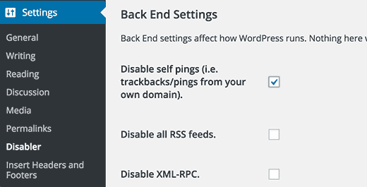 Página de configurações do plugin Disabler 