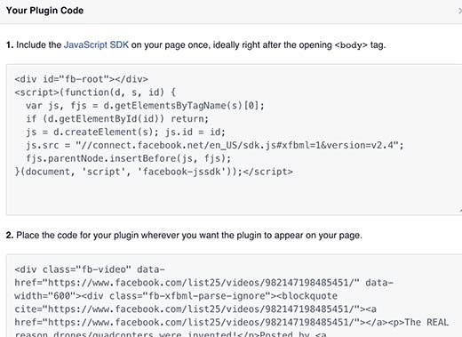 Código de incorporação de vídeo do Facebook para sites do WordPress 