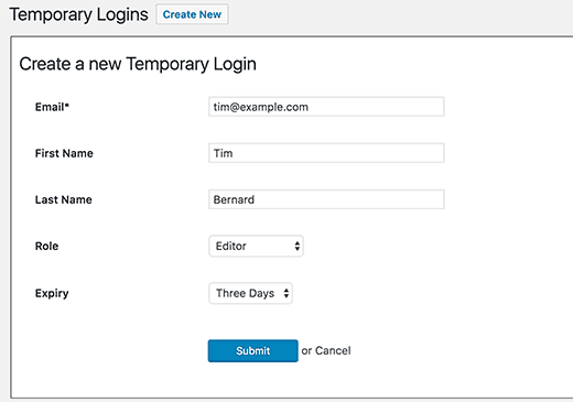 Adicionando uma nova conta temporária no WordPress 