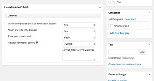 Linkedin Auto Publish meta box na tela de edição de publicação no WordPress 