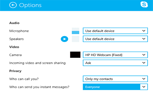 Opções do Skype no Windows 8 