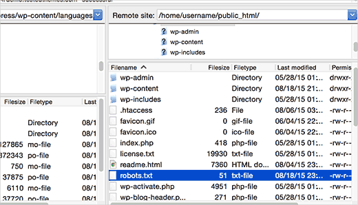 Localizando o arquivo robots.txt em um site WordPress usando o cliente FTP 