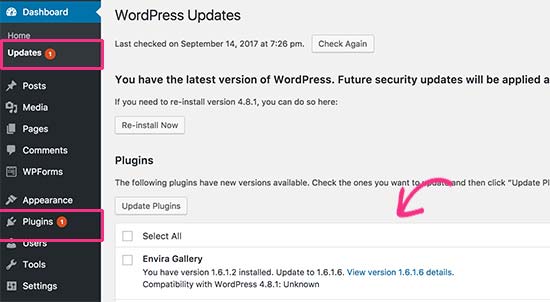 Atualização do plugin do WordPress disponível 