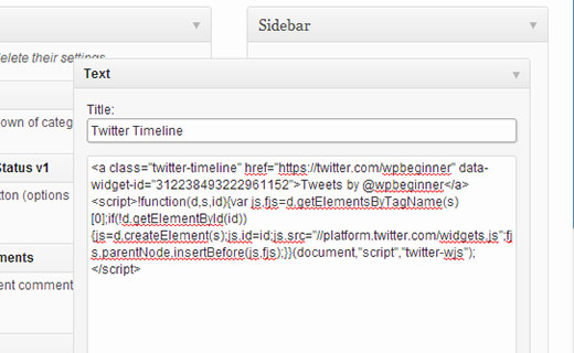 Adicionando o código do widget do Twitter em um widget da barra lateral do WordPress 