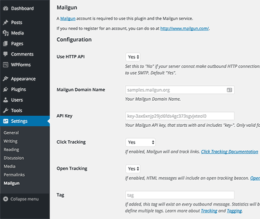 Mailgun para configurações do plugin do WordPress 