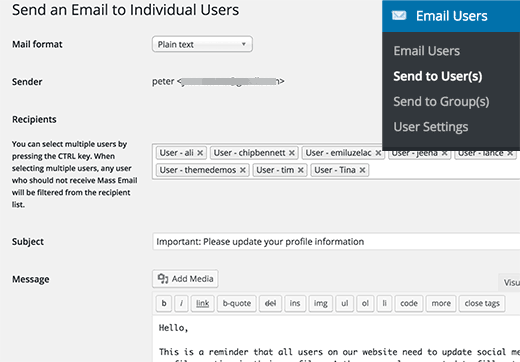 Enviando e-mails para usuários individuais ou todos em seu site 