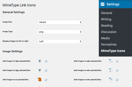 Configurações do ícone do link MimeType 