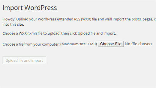 Carregar o arquivo de exportação do WordPress que você baixou anteriormente 