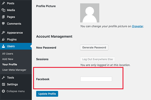 Um campo de perfil de usuário personalizado para adicionar URL de perfil do Facebook 
