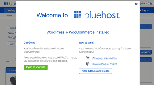 Primeiro login do Bluehost 