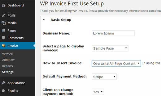 Configurando configurações de WP-Invoice 