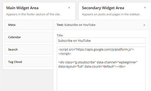 Código do botão de inscrição do YouTube colado em um widget de texto 