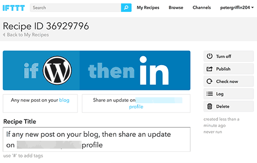 Sua receita do WordPress para LinkedIn no IFTTT 