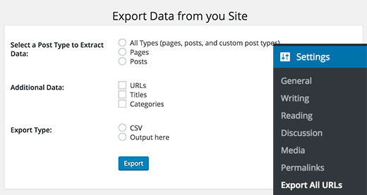 Exportar toda a página de configurações de URLs 