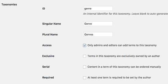 Configurações de taxonomia 