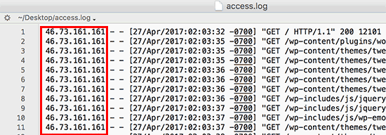 Endereços IP no arquivo de log de acesso 