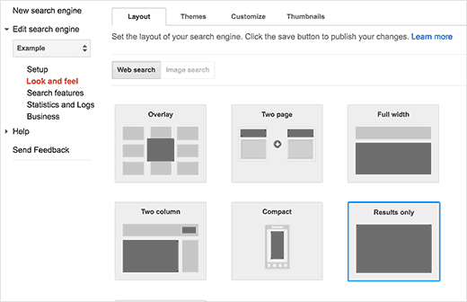 Escolha layout para a página de resultados de pesquisa 