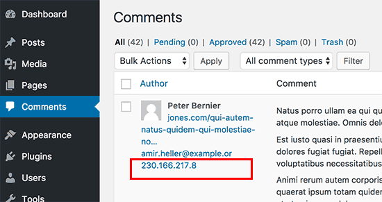 Endereços IP armazenados em comentários do WordPress 