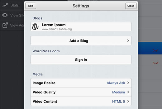 Tela Configurações no aplicativo WordPress para iPhone ou iPad 