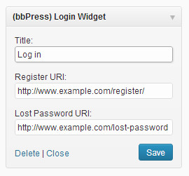 Configurações do Widget de login do BBBPress 