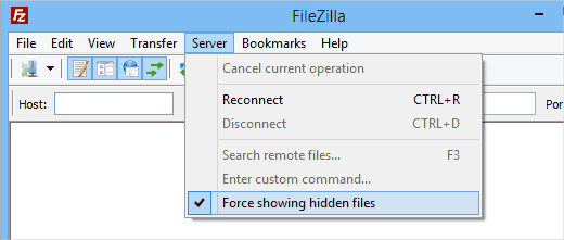 Forçar a exibição de arquivos ocultos no cliente Filezilla FTP 