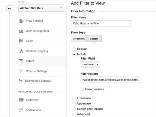 Criando um filtro de nome de host no Google Analytics 