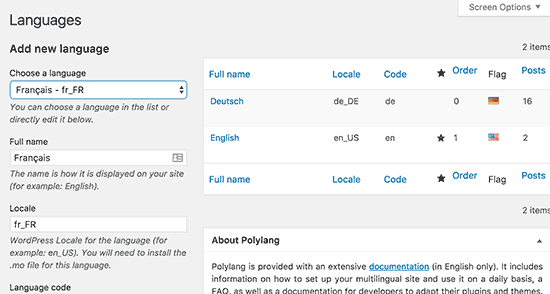 Adicionando idiomas em Polylang 