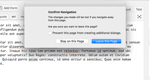 Pop-up de aviso de alterações não guardadas no editor de postagens do WordPress 