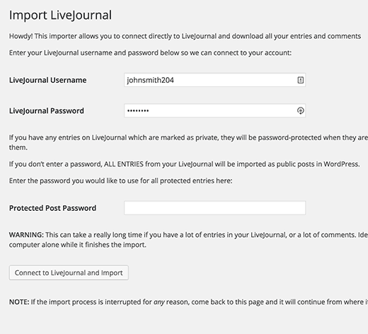 Configurações do importador do LiveJournal 