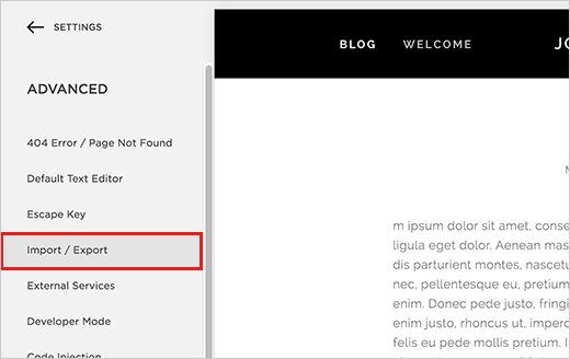 Menu Importação / Exportação em Squarespace 