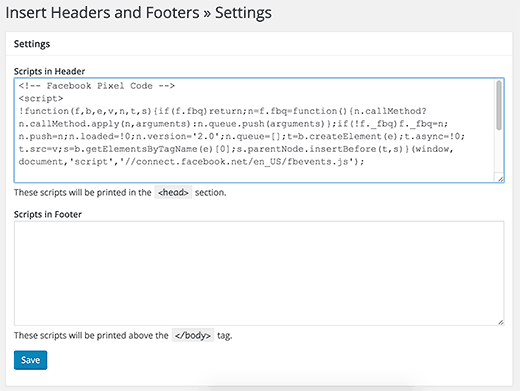 Adicionando código de pixels do Facebook usando o cabeçalho de inserção e rodapé no WordPress 