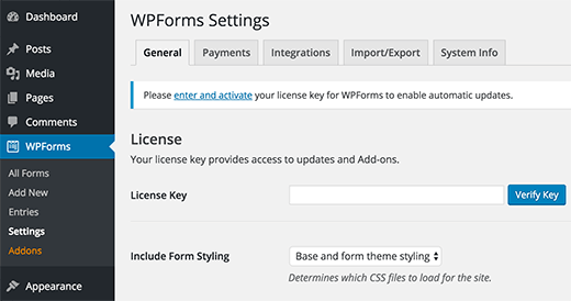 Adicionando a chave de licença WPForms 