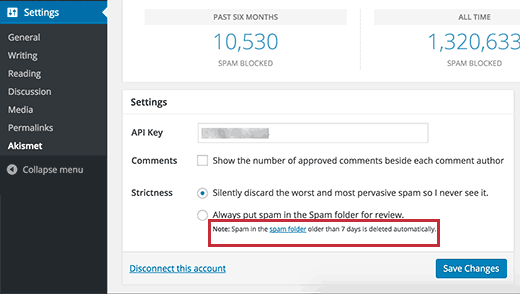 Comente o esquema de exclusão de spam mostrado nas configurações do Akismet 