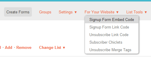 Formulário de inscrição no MailChimp Código de inserção Link 