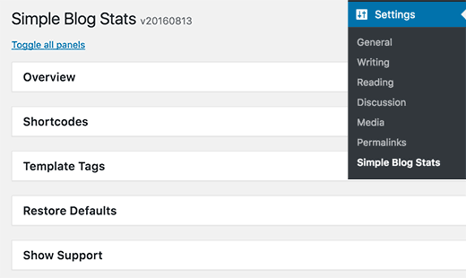 Página de Configurações para Estatísticas de Blog Simples 