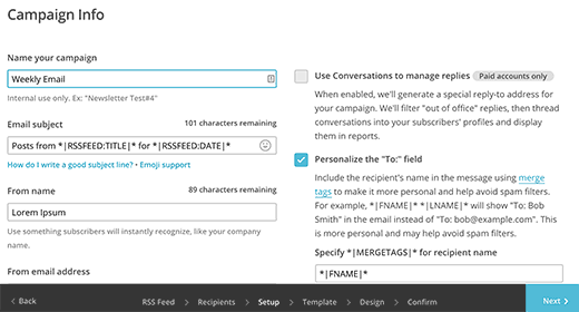 Alterando RSS para enviar uma e-mail à informação da campanha 