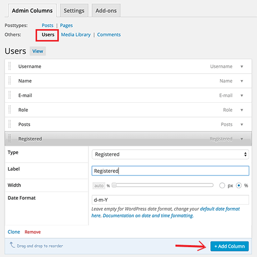 Adicionar coluna registrada na tabela de usuários 