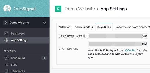 ID da aplicação e Rest API Key 